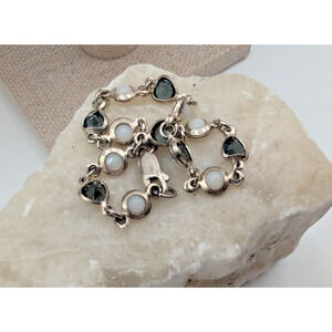 vtg 925 sterling link bracelet alternating blue crystal heart / white stones